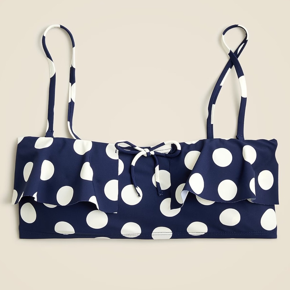 NWT J. Crew X MARYAM NASSIR ZADEH Navy and White Polka Dot Ruffle Bikini Top, M